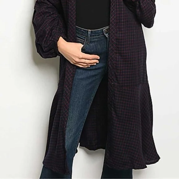 Long Sleeve Long Plaid Cardigan - Picture 2 of 4